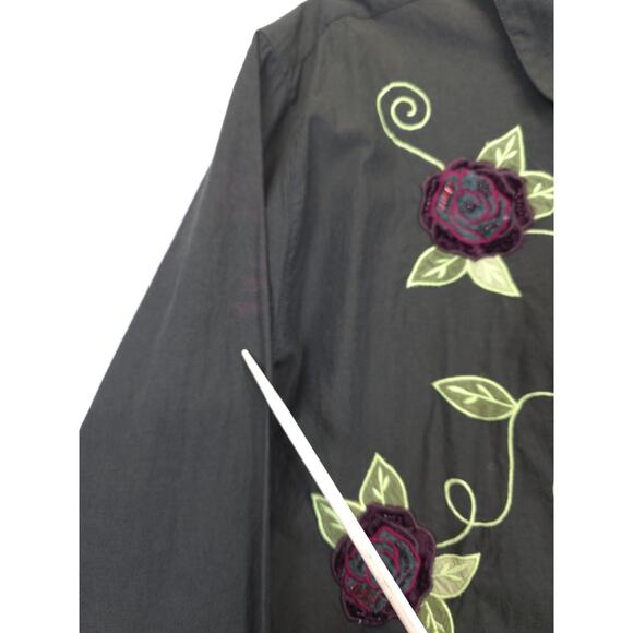 Bobbie Brooks Button Shirt Embroidered Floral Women XL Olive Western Cottagecore - Picture 13 of 14